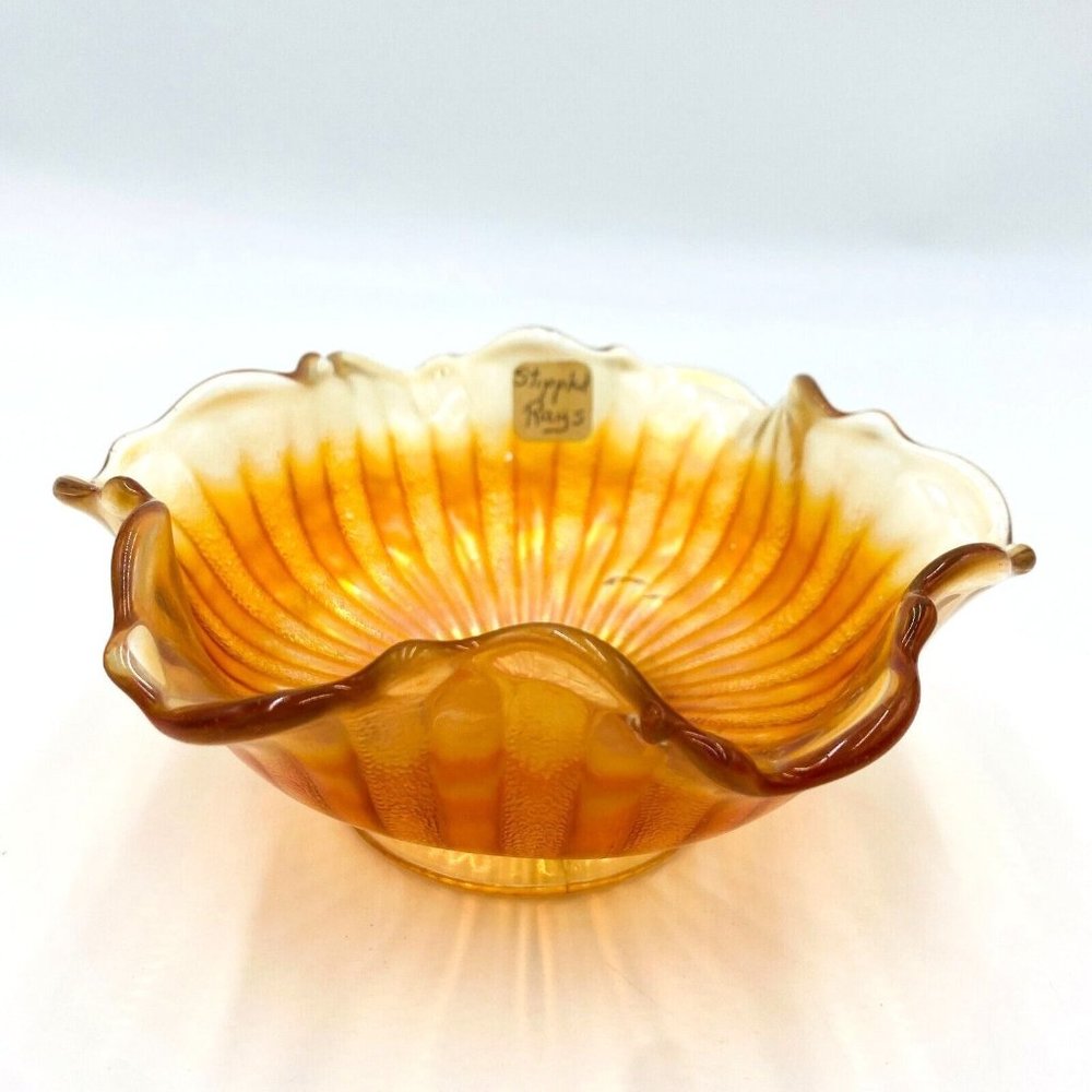 Marigold Carnival Glass Iridescent Ruffled Rim Candy Flower Bowl, Stippled Rays